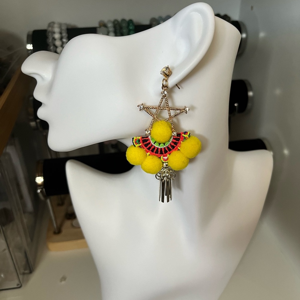 HMONG Yellow Pom Pom Silver Dangle Earrings